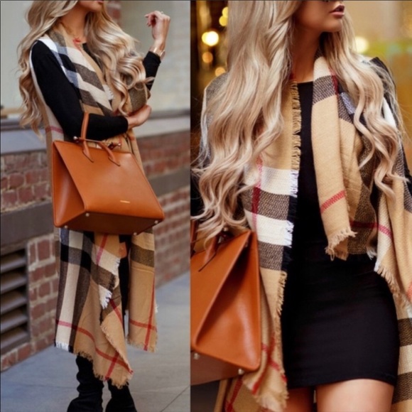 Waterfall Long Plaid Vest Poncho Wrap Scarf - New - Picture 4 of 4